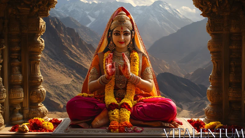 Divine Indian goddess idol framed by Himalayan mountain vista.