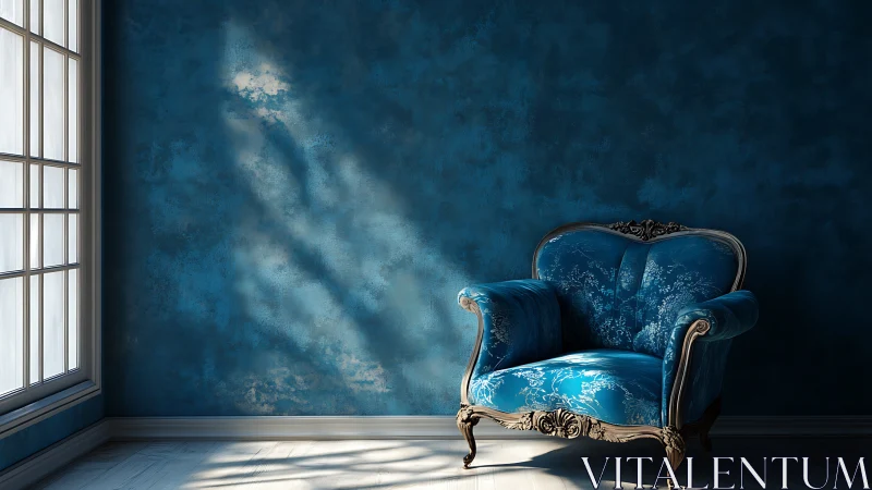 Radiant blue armchair under oblique window light in studio interior.