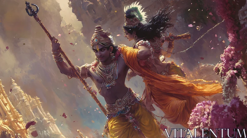 Mythic couple in dynamic dance amid ornate golden city.