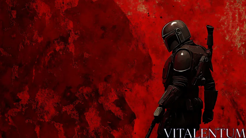 Armored bounty hunter silhouetted against textured red void