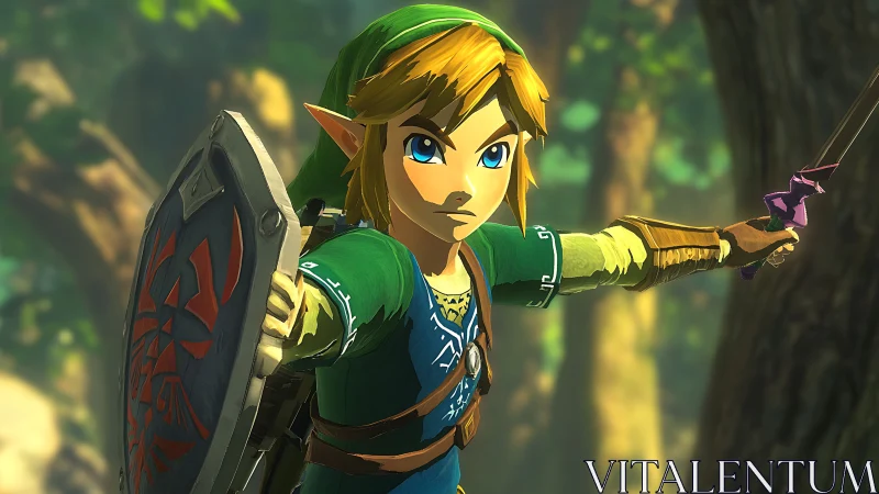 Sword-wielding elf warrior with shield in bright forest scene