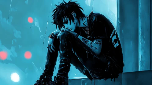 Melancholic punk figure rests alone in neon blue glow