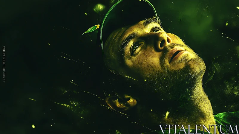 Close-up green-toned digital portrait of man in cap.