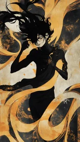 Shadowed figure wrapped in molten gold swirling ribbons.