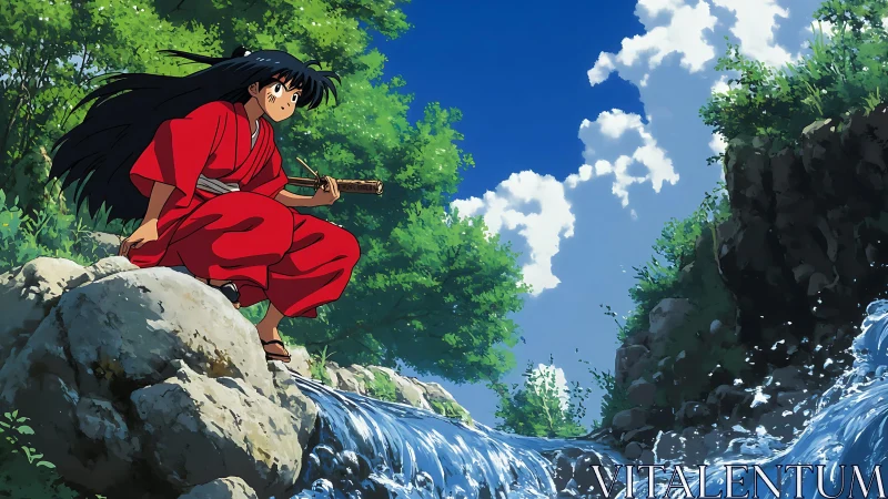 Anime swordswoman studies cascading stream in vivid landscape