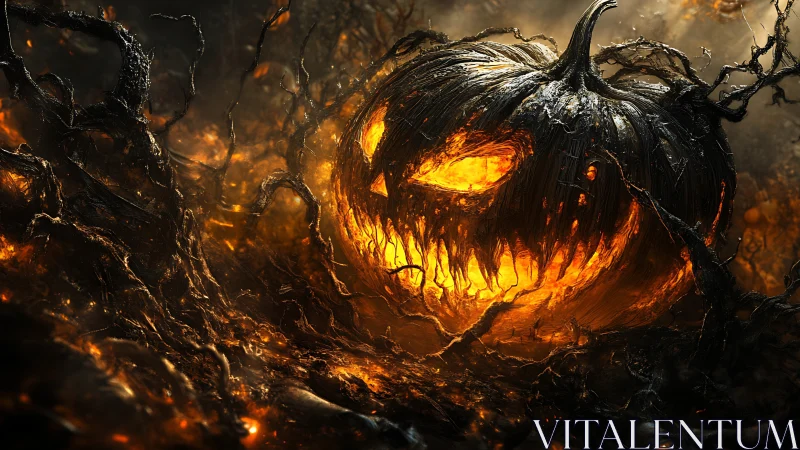 Infernal pumpkin king brews fire in a snarled dead forest.