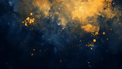 Abstract navy blue and gold splatter painting with textured effects.