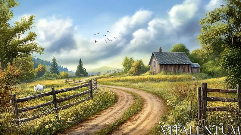 Curving dirt farm lane toward wooden cottage in verdant meadow