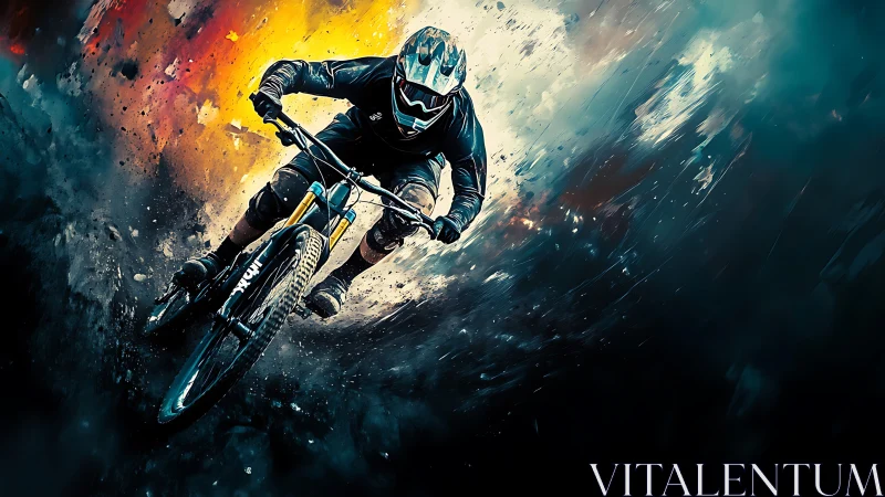 Downhill mountain biker in dynamic angled motion scene.