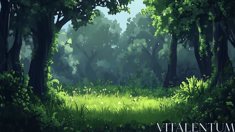 Forest clearing rendered with layered vegetation depth