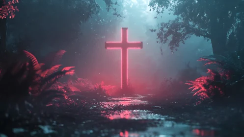 Neon cross illuminates misty forest path with cinematic contrast