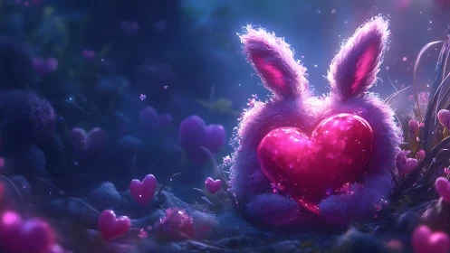 Luminescent heart-shaped core embraced by plush bunny form