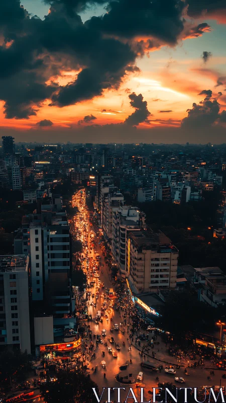 Busy city avenue under dramatic sunset sky glow.