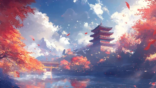 Autumnal lakeside pagoda with volumetric clouds and peaks.
