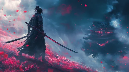 Lone samurai above burning temple in crimson stormscape.