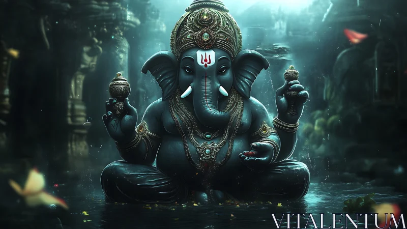 Moonlit Ganesha rises in jeweled mist of a forgotten shrine.