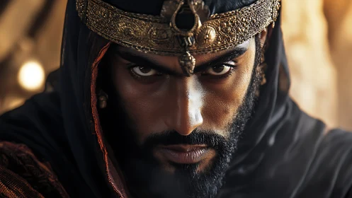 Intense desert monarch in ornate golden battle crown.