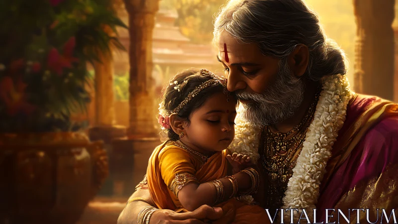 Elder and child sit closely in ornate temple courtyard