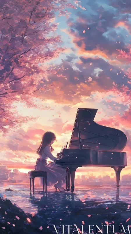 Piano of falling blossoms at a dream-soaked sunset shore.