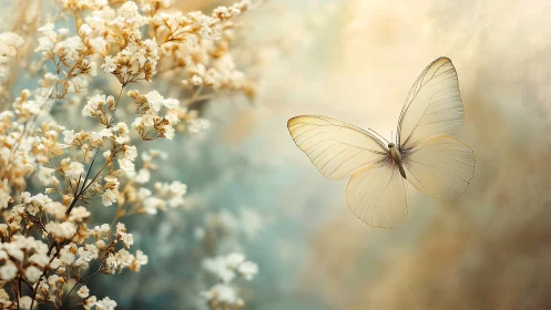 White butterfly near small flowering branch in soft light.