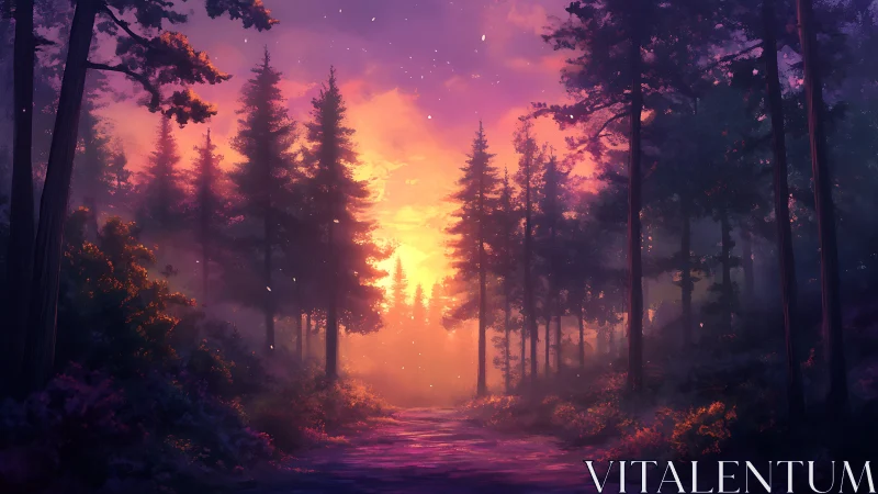 Forest Path at Dusk with Atmospheric Haze.