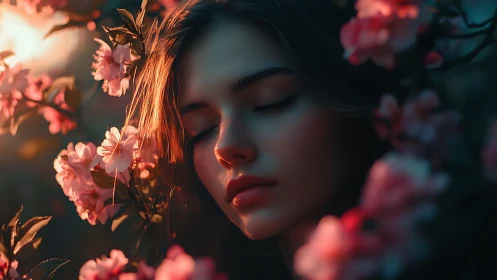 Soft rim lighting contours serene female face amid pink blossoms