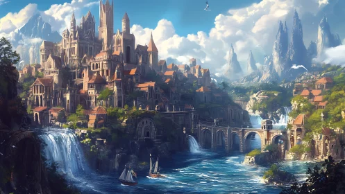 Majestic riverside fantasy citadel with cascading waterfalls.