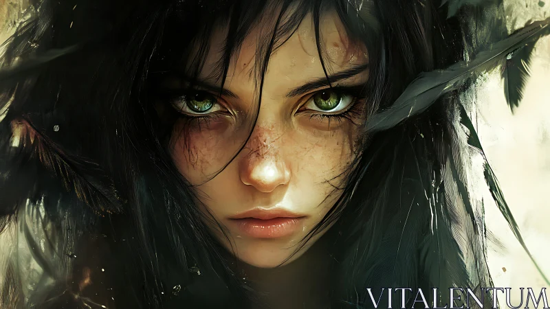 Forest-eyed huntress surfaces from a storm of black feathers