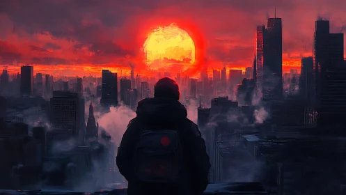 Wanderer greeting a blazing sunset above the city.