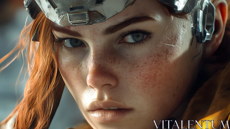 Close cybernetic portrait shows detailed freckled face