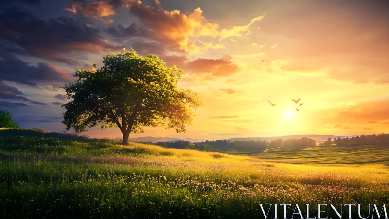 Digital painting landscape with lone tree and radiant sunset.