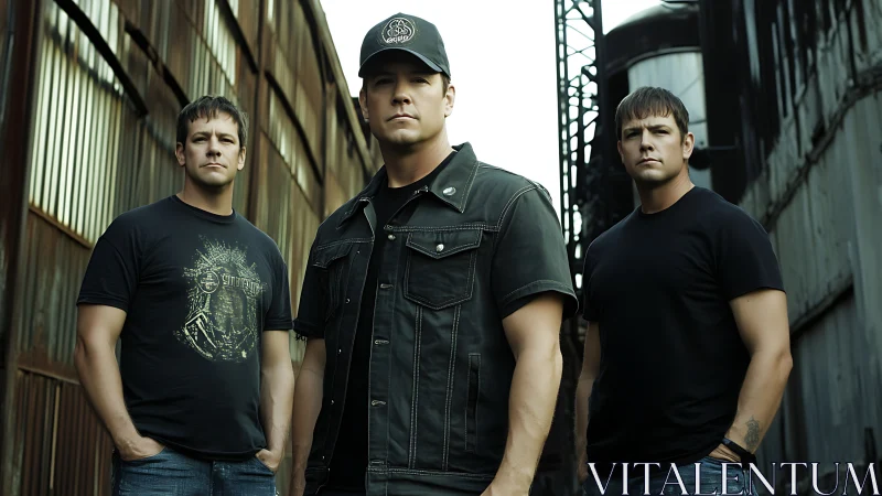 Rock trio stands in gritty urban alleyway portrait.
