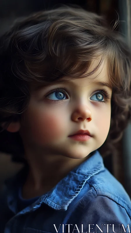 A child with striking blue eyes gazes thoughtfully away