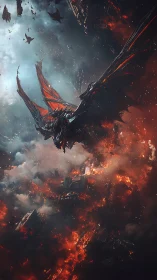 Armored dragon over burning clouds and fractured ruins.