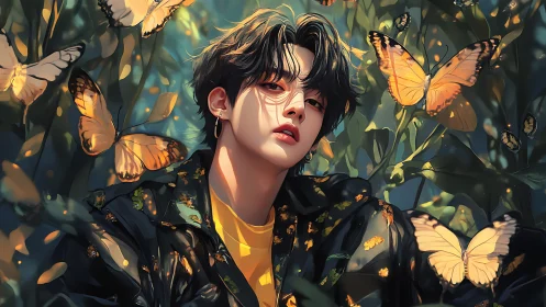 Youthful figure rests in luminous forest with golden butterflies