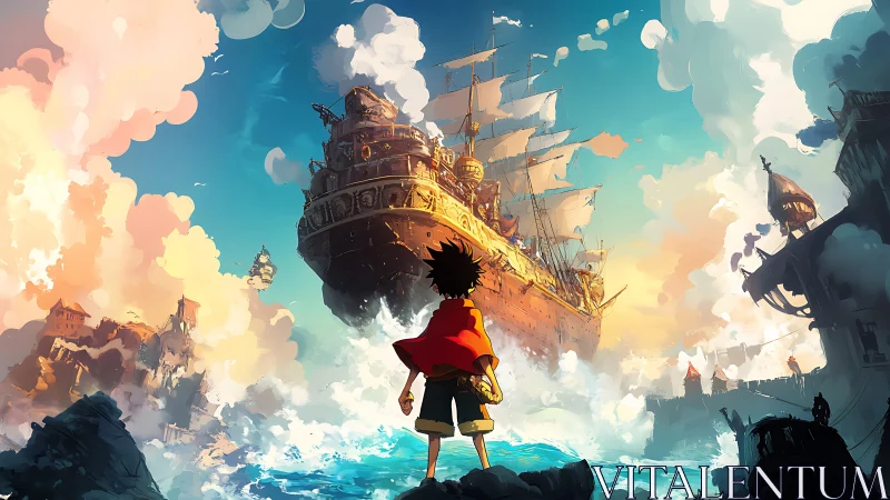 Dynamic low-angle composition shows boy facing massive airborne ship