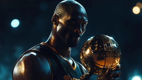 Basketball champion holds golden trophy under arena lights.