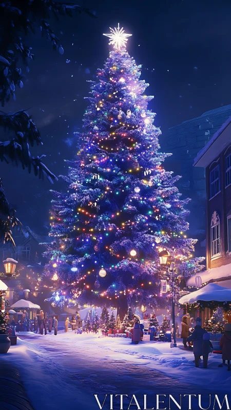 Towering festive Christmas tree over snowy town square.