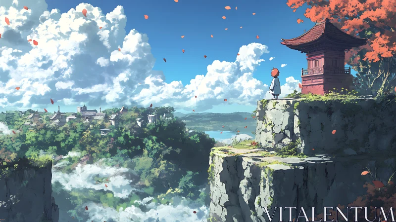 Cliffside shrine and lone dreamer above drifting cloud valley.