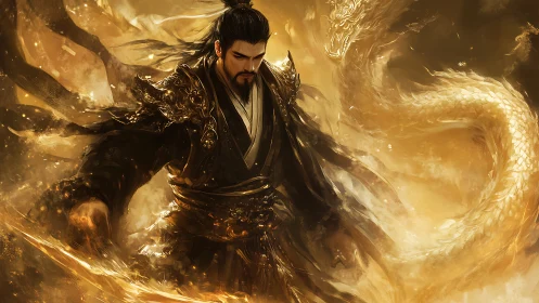 Imperial warlord commands golden dragon in swirling light.