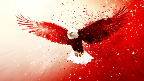 Crimson splatter eagle soaring across radiant white sky.