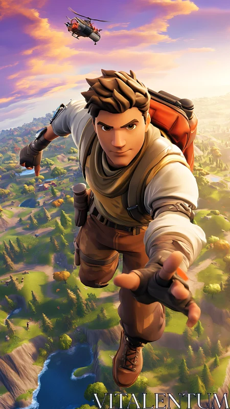 Game hero skydiving above stylized island battleground.