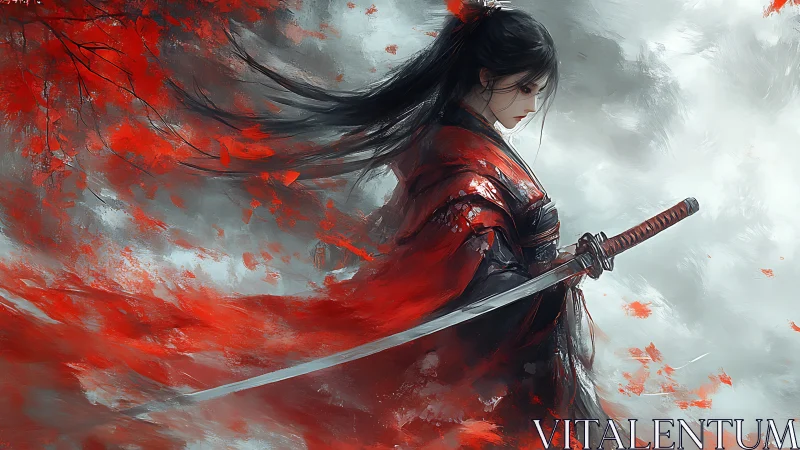 Sword-wielding woman in red kimono stands amid swirling leaves