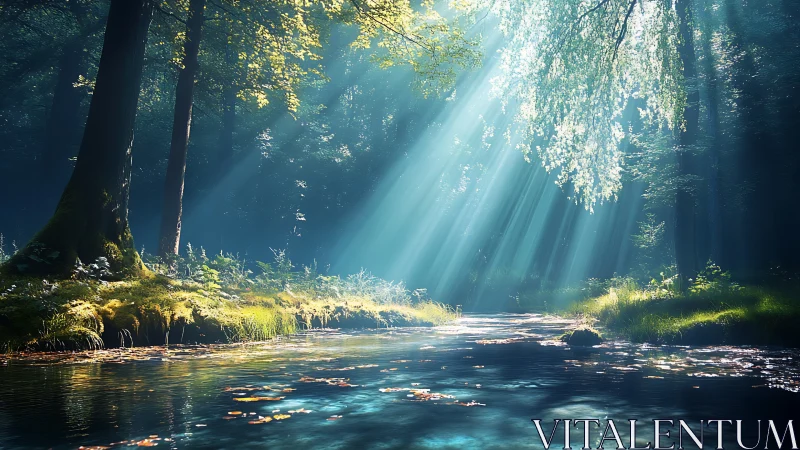 Sunlit forest stream where morning light lingers gently.