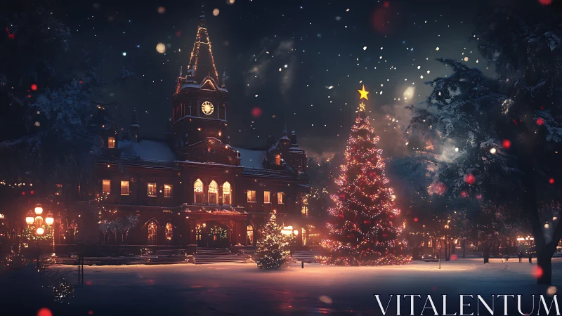Snowy town square with clocktower and lit Christmas tree
