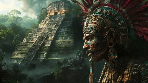 Ancient jungle temple rises behind a proud feathered warrior