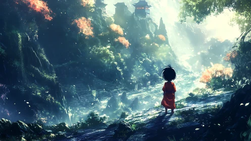 Child in red observes distant mountain temple in valley