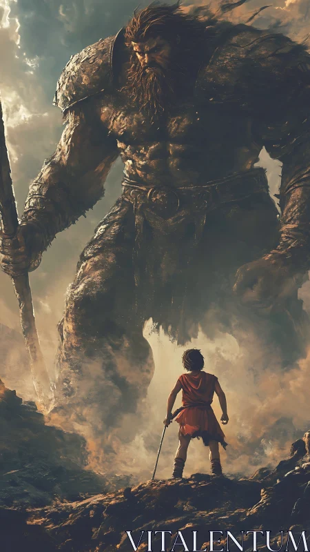 Colossal armored giant facing lone youth in volcanic haze