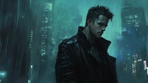 Brooding loner walks through rain in neon-soaked future city