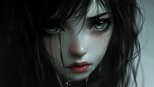 Close-up digital portrait of wet-haired girl with tears.